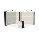 400x400cm - stoisko Modularico M50 układ L-00244, zaplecze, lada, lampy