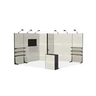 400x400cm - stoisko Modularico M50 układ L-00344, zaplecze, lada, lampy, regał, mocowanie TV