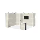 400x400cm - stoisko Modularico M50 układ L-00444, zaplecze, lada, lampy, mocowanie TV
