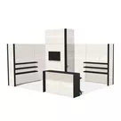 5x4m - stoisko Modularico M100 LED układ L-02654M100, zaplecze, lada, półki, mocowanie TV, nadstawka