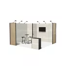 400x400cm - stoisko Modularico M50 układ L-00544, zaplecze, lada, lampy, panel Lamel, stół, hokery
