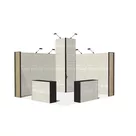 400x400cm - stoisko Modularico M50 układ L-00944, zaplecze, lada, lampy, nadstawka, panel Lamel