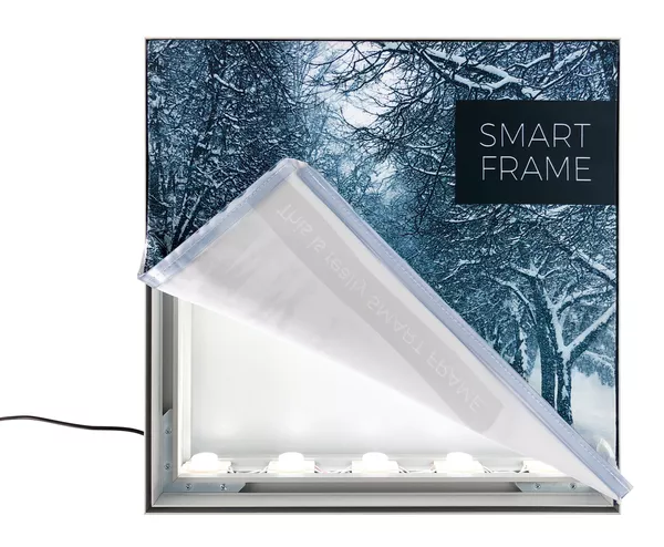 Smart Frame S100 LED-Rahmen - 100x100cm, Silbern, Edge-LED, Textilgrafik auf beiden Seiten