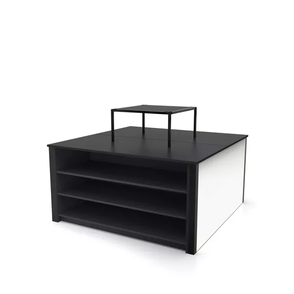 Podium bookcase - 130x130x70cm - 3x LED wall with graphics on fabric Sam ST, 1x cabinet, top, Modular Cube extension