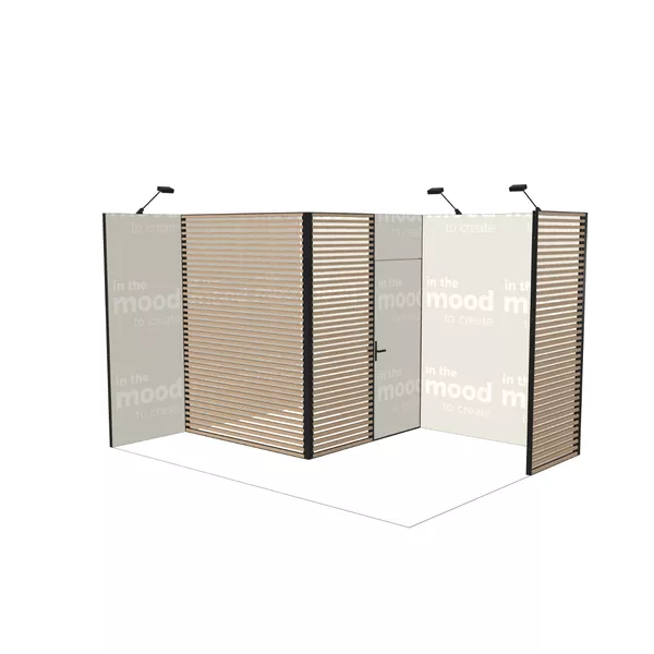 Exhibition Stand Modularico M50 in L-Shape with Storage, Faro Shelf, Two Deco Lamel Walls, Deco Panel, and M100 Counter