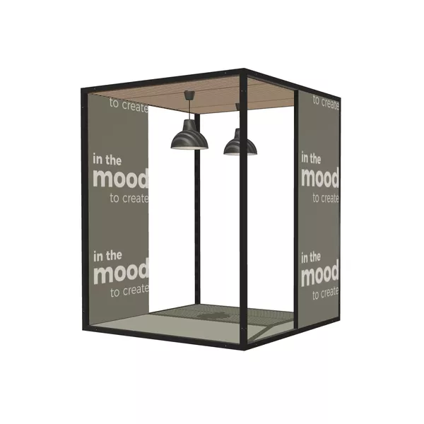 Modular Room Box, 200x200x250cm, rama podstawowa, podłoga systemowa, 2x ściana M50, sufit Panel Lamel, 2x lampa okrągła