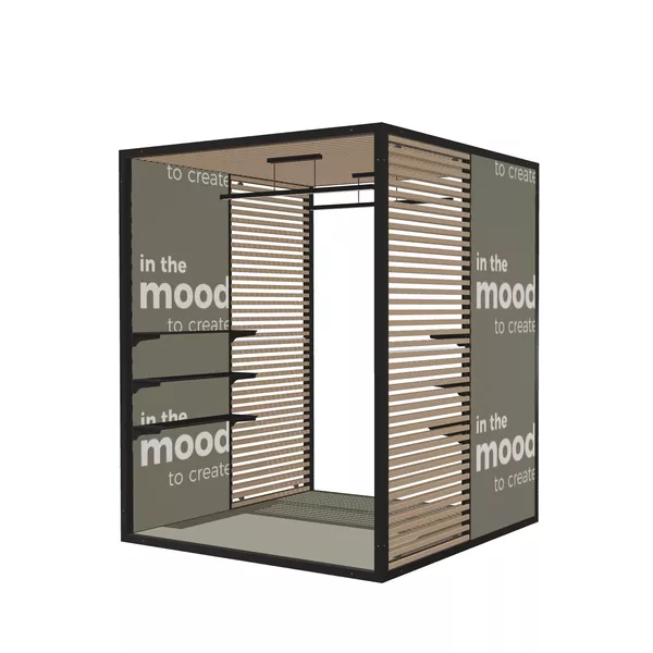 Modular Room Box, 200x200x250cm, rama podstawowa, podłoga systemowa, 2x ściana M50 z regałem, 2x ściana Panel Lamel, sufit Panel Lamel, 2x lampa prosta