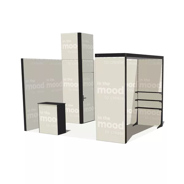 Exhibition Stand Modularico M100LED in L-Shape with Storage, Faro Shelf, Ceiling, Two Extensions, and M100LED Counter