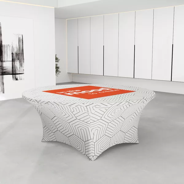 Runder Eventtisch 183cm, Husse mit Grafik auf Super Stretch Stoff