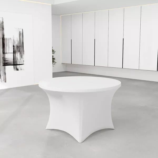 Runder Eventtisch 122cm, weiße Stretchhusse