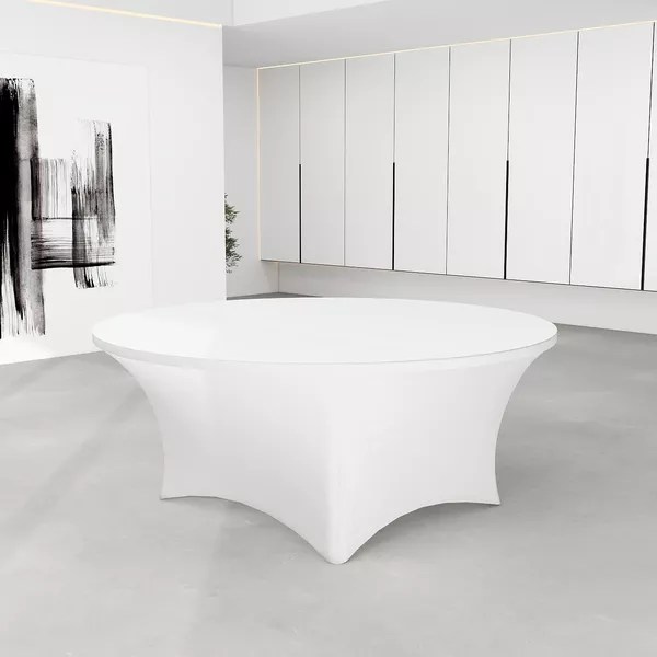 Runder Eventtisch 183cm, weiße Stretchhusse