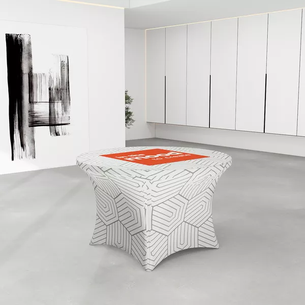 Runder Eventtisch 122cm, Husse mit Grafik auf Super Stretch Stoff