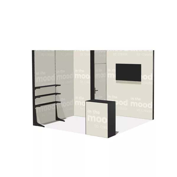 3x3m - stoisko Modularico M100 LED układ L-00333M100, zaplecze, lada, półki, mocowanie TV