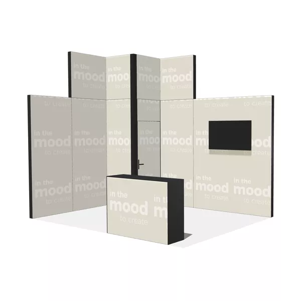 4x3m - stoisko Modularico M100 LED układ L-00943M100, zaplecze, lada, mocowanie TV, nadstawka
