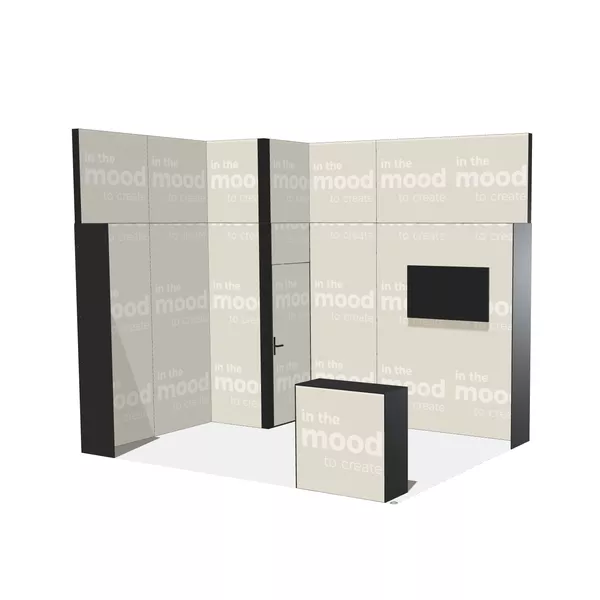 4x3m - stoisko Modularico M100 LED układ L-01043M100, zaplecze, lada, mocowanie TV, nadstawka