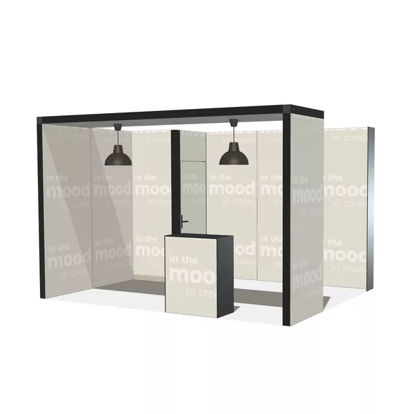 4x3m - stoisko Modularico M100 LED układ L-01243M100, zaplecze, lada, sufit