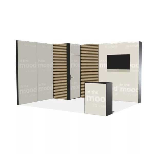 4x3m - stoisko Modularico M100 LED układ L-01443M100, zaplecze, lada, Deco Lamel, mocowanie TV