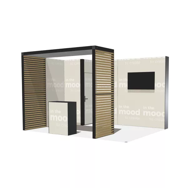 4x3m - stoisko Modularico M100 LED układ L-01743M100, zaplecze, lada, Deco Lamel, mocowanie TV, sufit