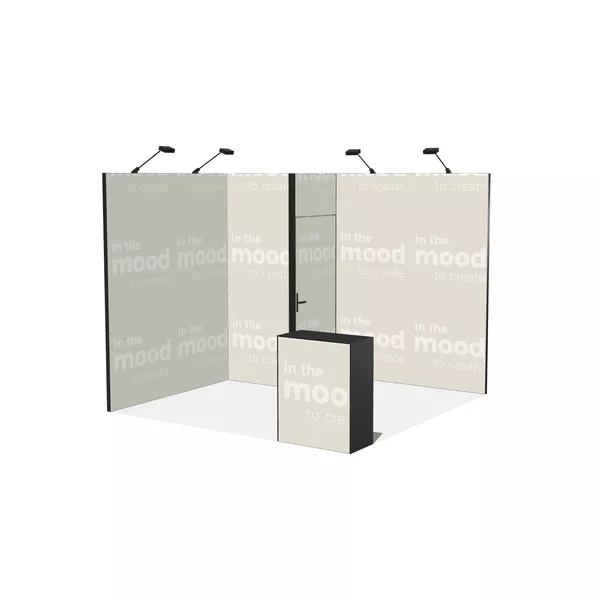 300x300cm - stoisko Modularico M50 układ L-00133, zaplecze, lada, lampy