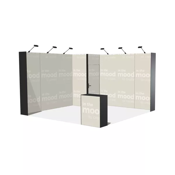400x400cm - stoisko Modularico M50 układ L-00244, zaplecze, lada, lampy