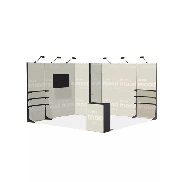 400x400cm - stoisko Modularico M50 układ L-00344, zaplecze, lada, lampy, regał, mocowanie TV