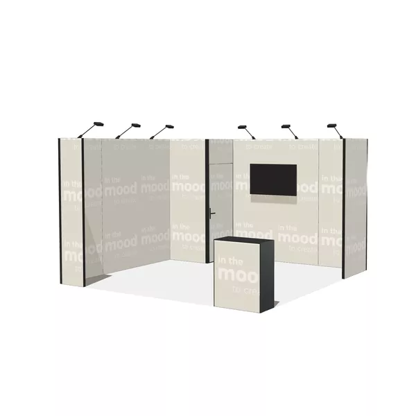 400x400cm - stoisko Modularico M50 układ L-00444, zaplecze, lada, lampy, mocowanie TV
