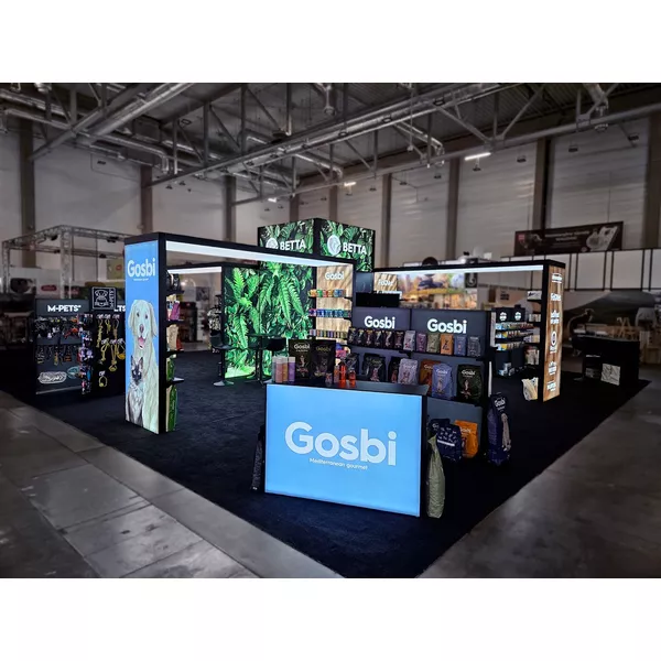 5x4m - stoisko Modularico M100 LED układ L-02254M100, zaplecze, lada, półki, mocowanie TV [CLONE]