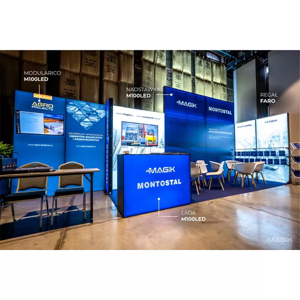 5x4m - stoisko Modularico M100 LED układ L-02254M100, zaplecze, lada, półki, mocowanie TV [CLONE]
