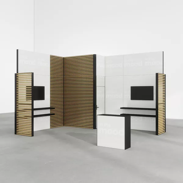 5x4m - stoisko Modularico M100 LED układ L-02854M100, Deco Lamel, zaplecze, lada, półki, mocowanie TV, nadstawka
