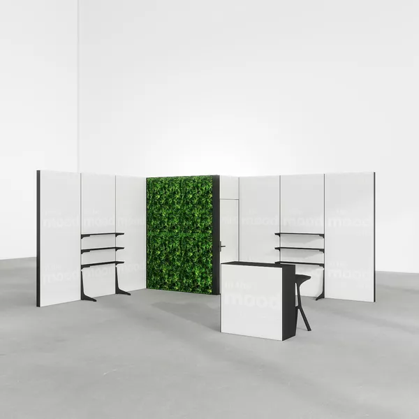 5x4m - stoisko Modularico M100 LED układ L-03054M100, Deco Plants, zaplecze, lada, mocowanie TV