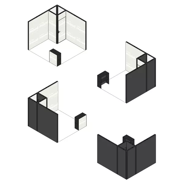 3x3m - stoisko Modularico M100 LED układ L-00133M100, zaplecze, lada
