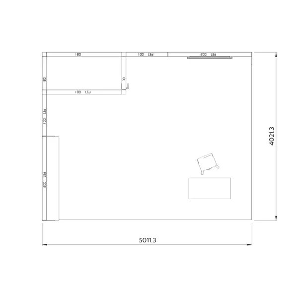 5x4m - stoisko Modularico M100 LED układ L-02254M100, zaplecze, lada, półki, mocowanie TV