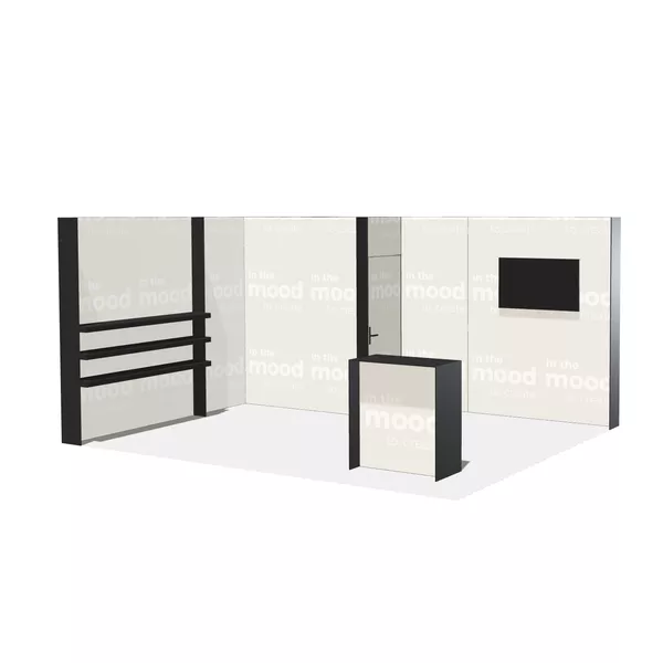 5x4m - stoisko Modularico M100 LED układ L-02254M100, zaplecze, lada, półki, mocowanie TV