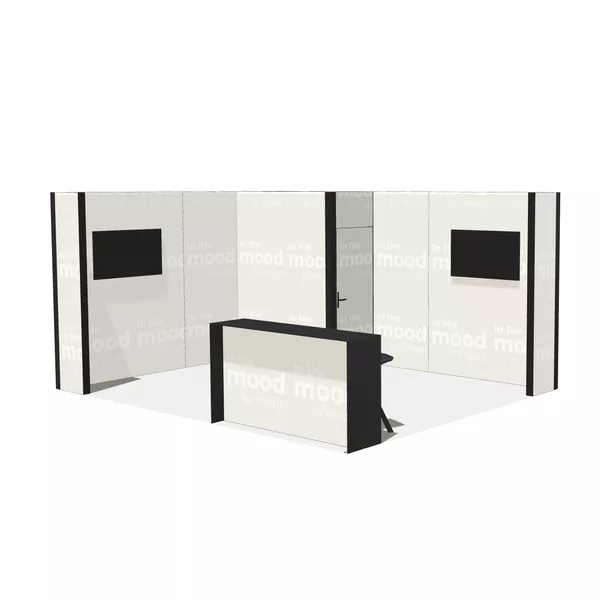 5x4m - stoisko Modularico M100 LED układ L-02354M100, zaplecze, lada, półki, mocowanie TV