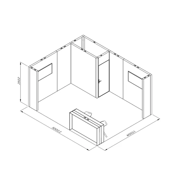 5x4m - stoisko Modularico M100 LED układ L-02354M100, zaplecze, lada, półki, mocowanie TV