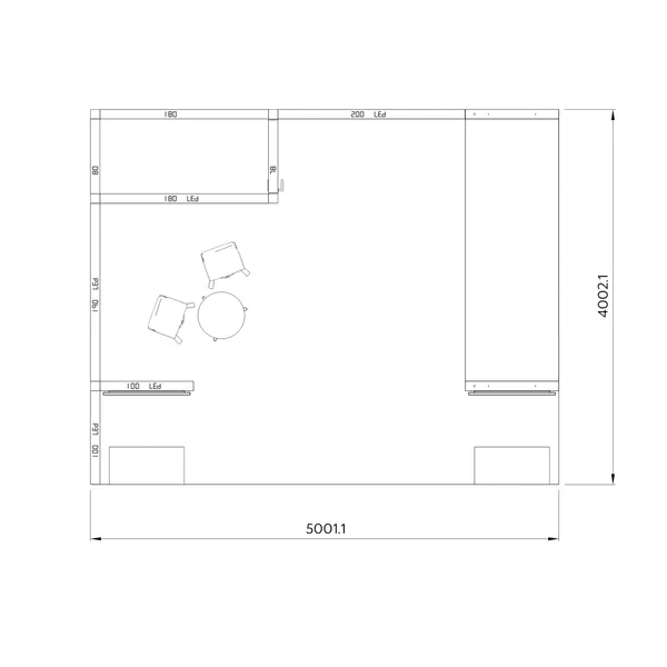 5x4m - stoisko Modularico M100 LED układ L-02454M100, zaplecze, lada, mocowanie TV, sufit, stolik, hokery