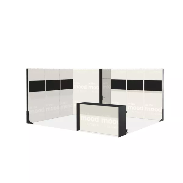 5x4m - stoisko Modularico M100 LED układ L-02554M100, zaplecze, lada, mocowanie TV