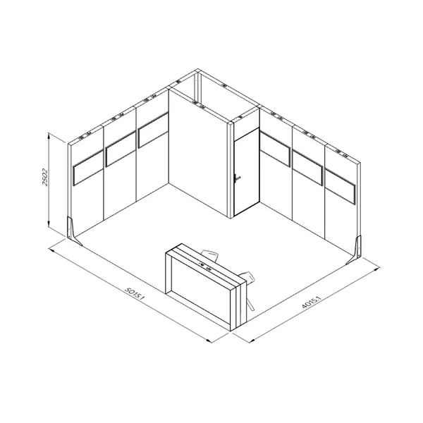 5x4m - stoisko Modularico M100 LED układ L-02554M100, zaplecze, lada, mocowanie TV