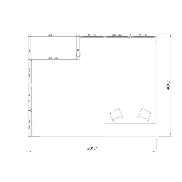 5x4m - stoisko Modularico M100 LED układ L-02554M100, zaplecze, lada, mocowanie TV