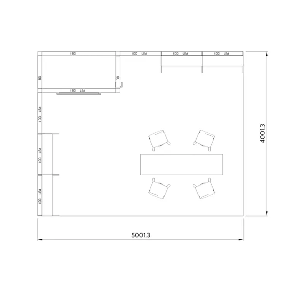 5x4m - stoisko Modularico M100 LED układ L-02754M100, zaplecze, lada, mocowanie TV, półki