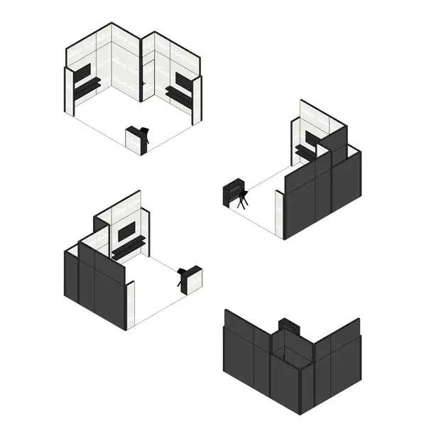5x4m - stoisko Modularico M100 LED układ L-02654M100, zaplecze, lada, półki, mocowanie TV, nadstawka
