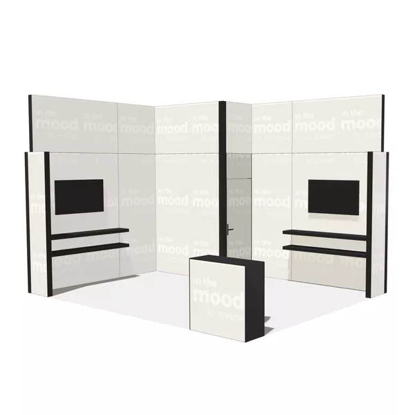 5x4m - stoisko Modularico M100 LED układ L-02654M100, zaplecze, lada, półki, mocowanie TV, nadstawka