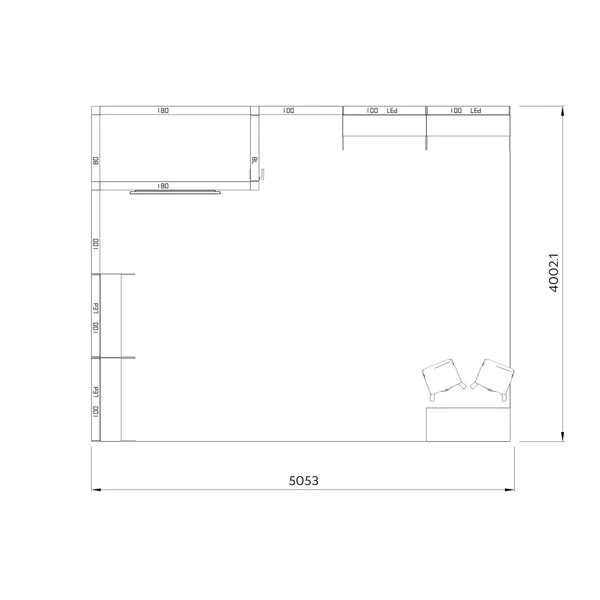 5x4m - stoisko Modularico M100 LED układ L-02754M100, Deco Lamel, zaplecze, lada, mocowanie TV