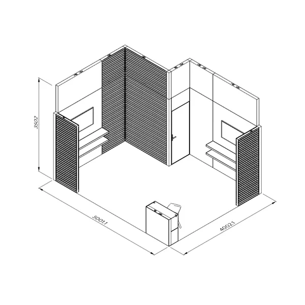 5x4m - stoisko Modularico M100 LED układ L-02854M100, Deco Lamel, zaplecze, lada, półki, mocowanie TV, nadstawka