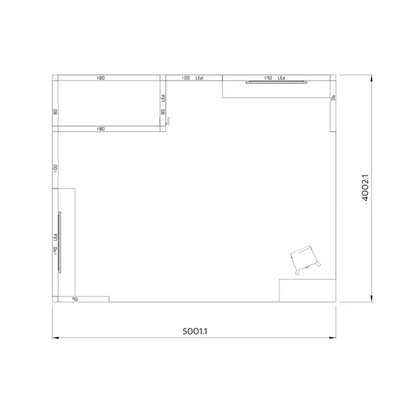 5x4m - stoisko Modularico M100 LED układ L-02854M100, Deco Lamel, zaplecze, lada, półki, mocowanie TV, nadstawka