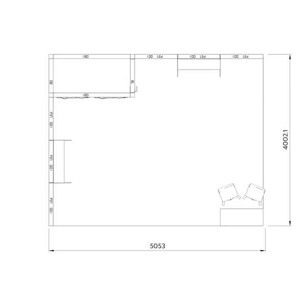 5x4m - stoisko Modularico M100 LED układ L-03054M100, Deco Plants, zaplecze, lada, mocowanie TV