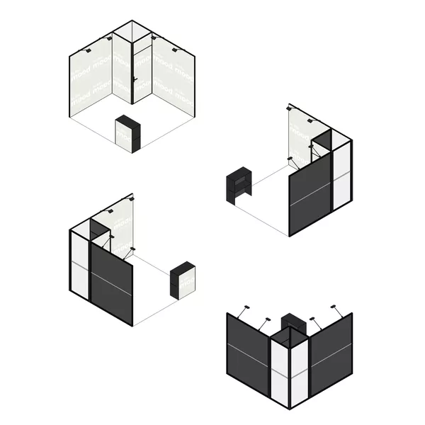 300x300cm - stoisko Modularico M50 układ L-00133, zaplecze, lada, lampy