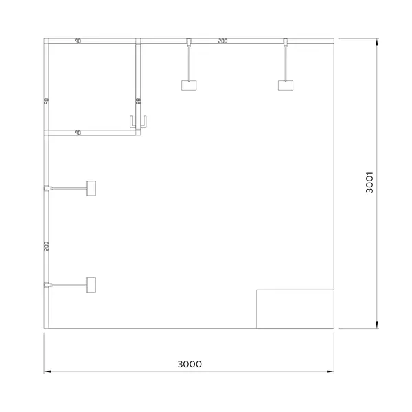 300x300cm - stoisko Modularico M50 układ L-00133, zaplecze, lada, lampy