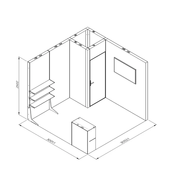 3x3m - stoisko Modularico M100 LED układ L-00333M100, zaplecze, lada, półki, mocowanie TV