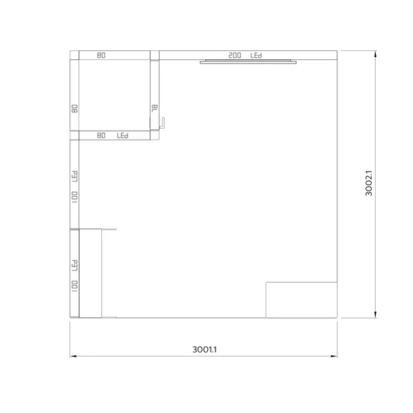 3x3m - stoisko Modularico M100 LED układ L-00333M100, zaplecze, lada, półki, mocowanie TV